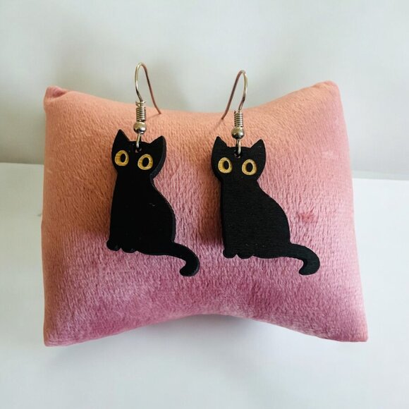 Small Black Cat Drop Earring - Picture 3 of 4
